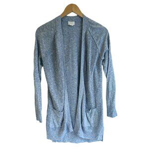 CASLON Blue & White Shaker Stitch Cardigan Linen-Cotton Blend Pockets Size XS